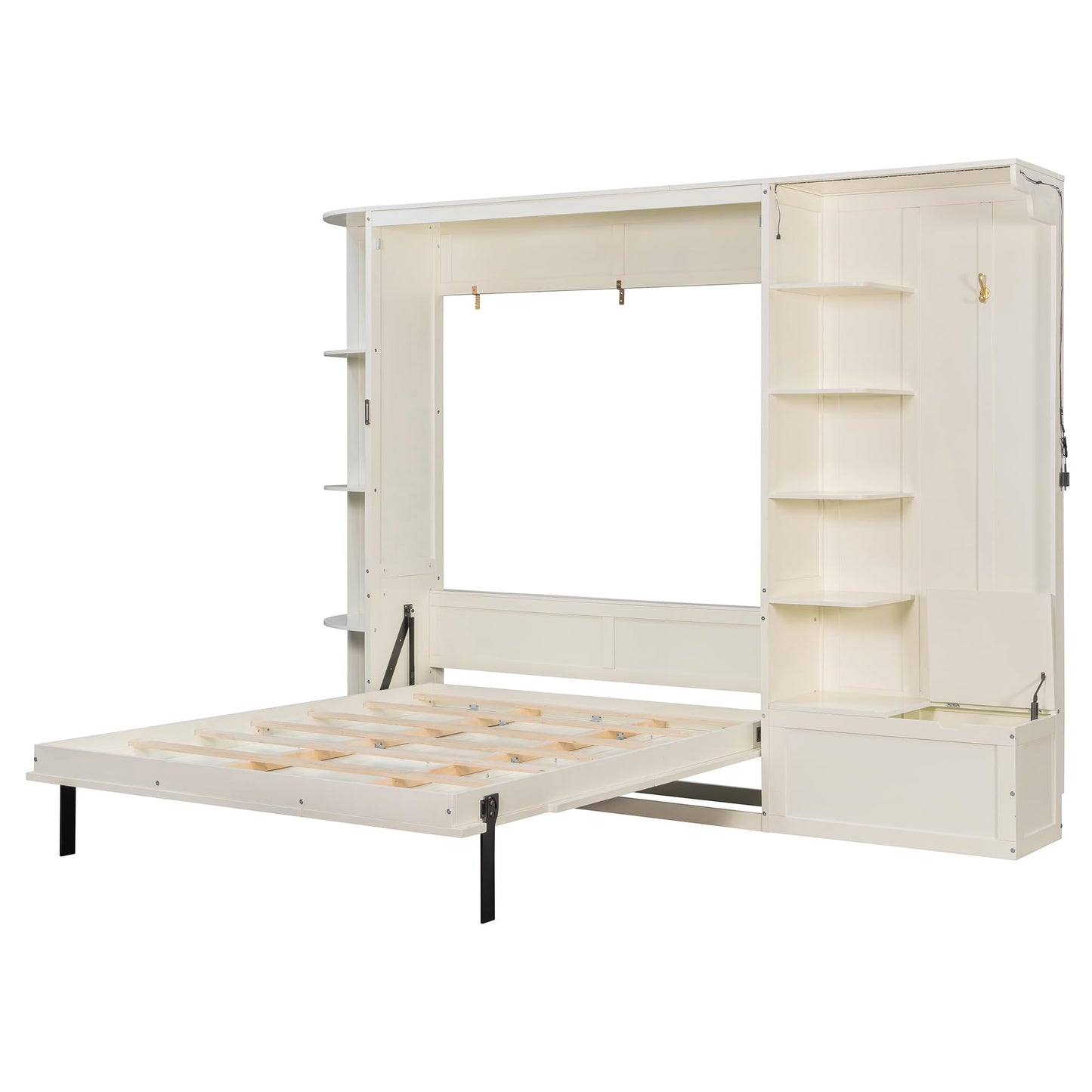 Merax Queen Size Murphy Bed with Storage and Lights, Hidden Fold-Out Legs, Foldable Murphy Cabinet Bed with Hook, Built-in Shelves & Cabinets, Wood Space-Saving Wall Bed for Guest Room Office, White