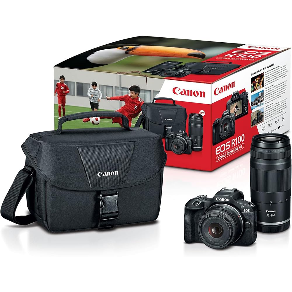 Canon EOS R100 Mirrorless Camera Two-Lens Bundle | RF-S 18-45mm + RF 75-300mm Lenses | 64GB Card & Editing Software | Canon USA Warranty | Authorized Dealer
