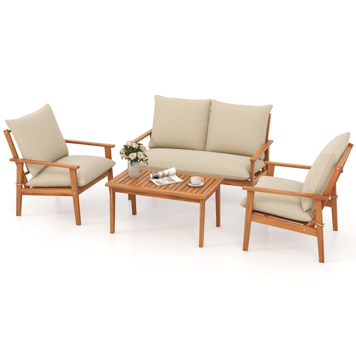 Tangkula 4 Pieces Patio Furniture Set, Outdoor Acacia Wood Conversation Set with Soft Cushions and Coffee Table, Outdoor Sectional Sofa Set for Lawn, Garden, Backyard and Poolside (1, Natural)