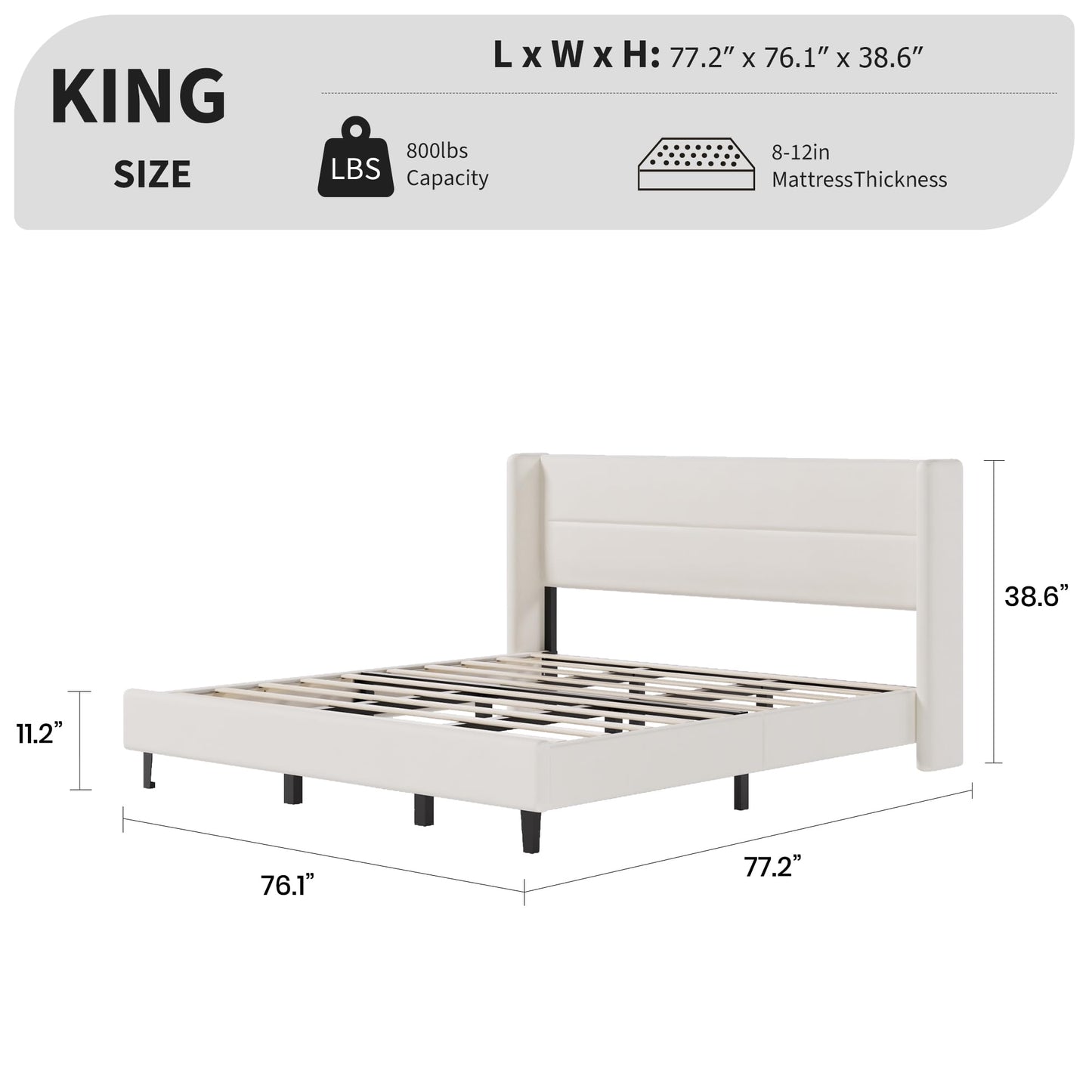 IDEALHOUSE King Size Bed Frame with Tufted Wingback Headboard, Velvet Upholstered Platform Bed with Strong Wood Slats, No Box Spring Needed, Easy Assembly, Beige