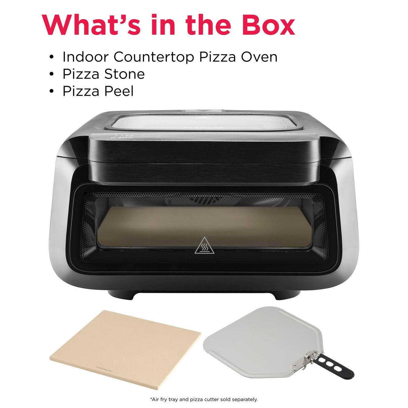 Frigidaire Electric Indoor Pizza Oven – Reach Temperatures of 700°F – Stone Bake 12” Pizzas in Minutes – Portable Countertop Oven with Air Fry and Bake. Peel Included Model FRPO100B