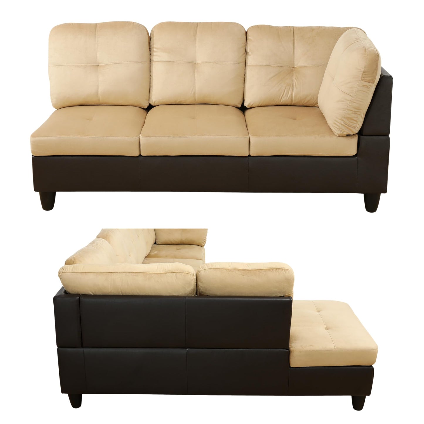 Trygoal 103.5 Inch Modern L-Shaped Couch, Flannel Sectional Sofa with Chaise Lounge, 4-Seater Couch with Accent Pillows for Living Room, Apartment, Beige and Brown