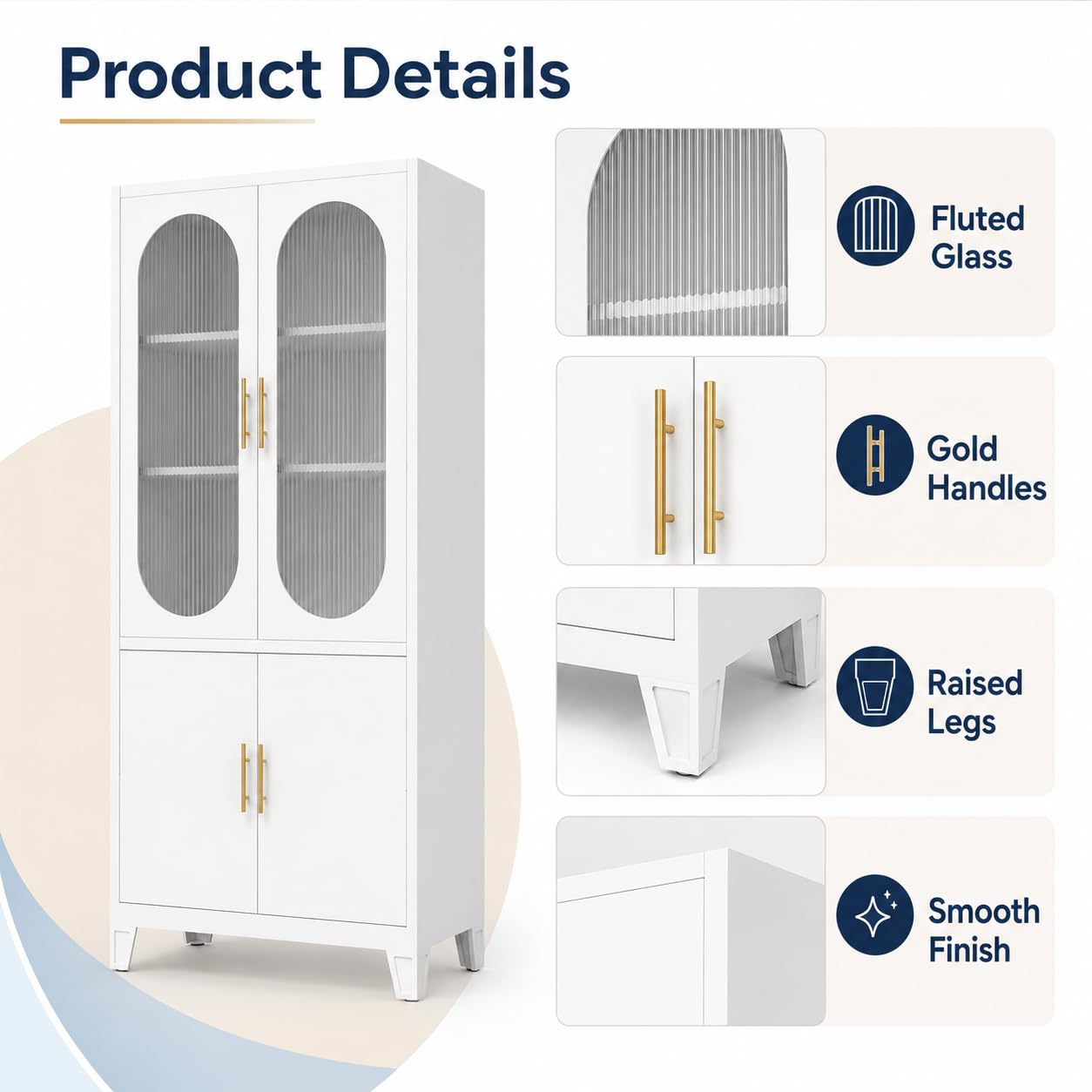 Arched Storage Cabinet with Glass Doors, 71" Tall Metal Pantry Cabinet, White Freestanding Storage with Upper Fluted Glass and Lower Metal Doors, Adjustable Shelves for Dining Room, Living Room