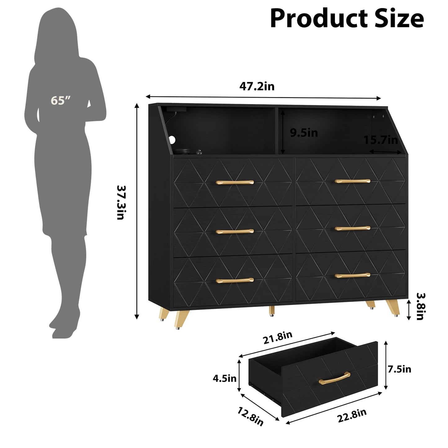 Garvee Modern Black 6 Drawer Dresser with LED Lights & Charging Station – Wide Wooden Entryway Storage Cabinet – Sturdy Metal Legs – TV Stand with Storage Shelf for Bedroom, Hallway – Black