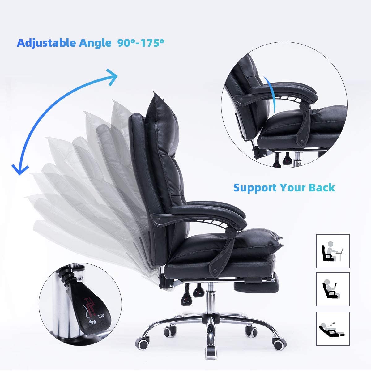 YOLENY Big and Tall Office Chair, Height-Adjustable Reclinable Ergonomic Swivel High Back Office Chair, Leather Office Chair with Foot Rest, Supports Up to 350 lbs, Black