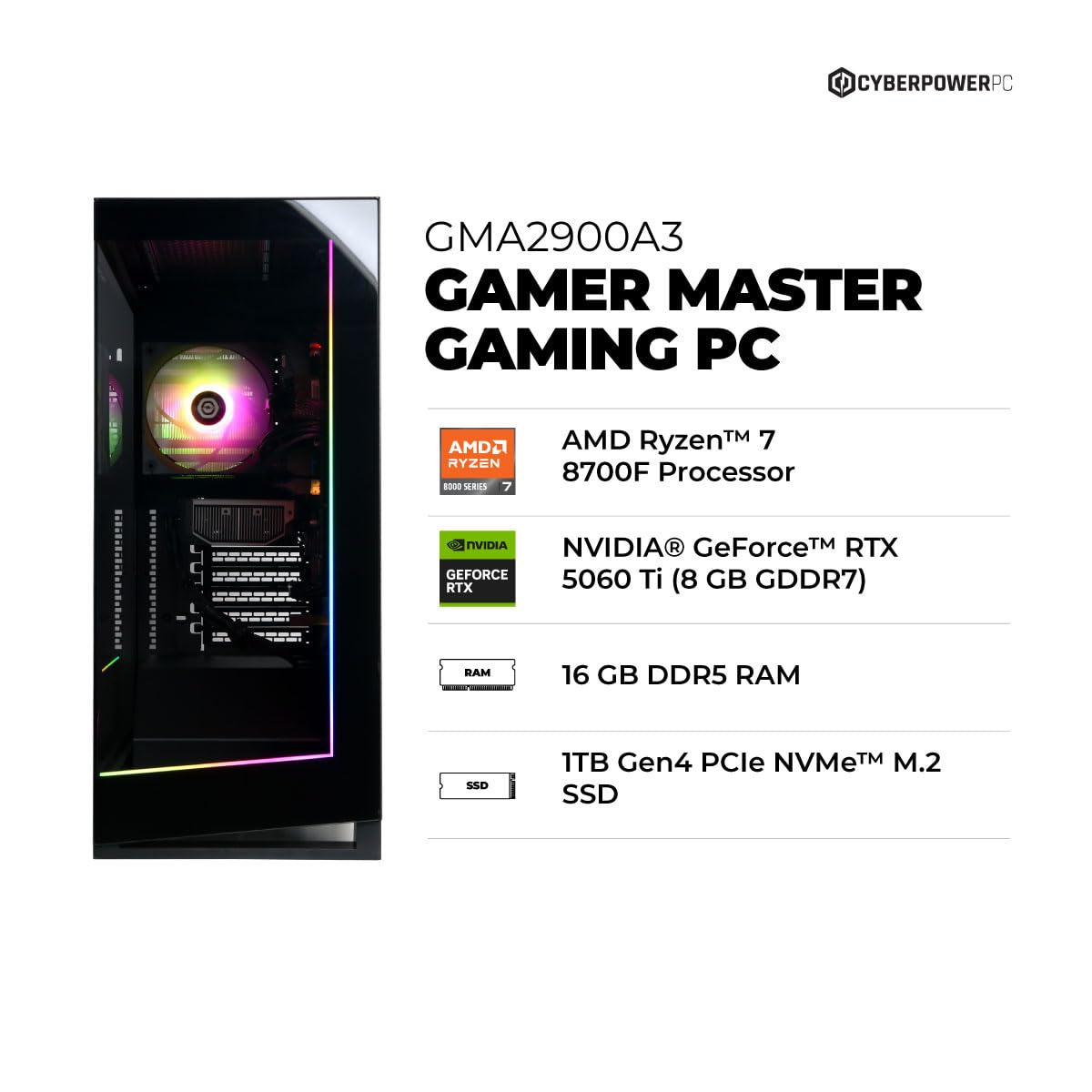 CyberPowerPC Gamer Master Gaming PC, AMD Ryzen 7 8700F 4.1GHz, GeForce RTX 5060 Ti 8GB, 16GB DDR5, 1TB PCIe 4.0 SSD, WiFi Ready & Windows 11 Home (GMA2900A3)