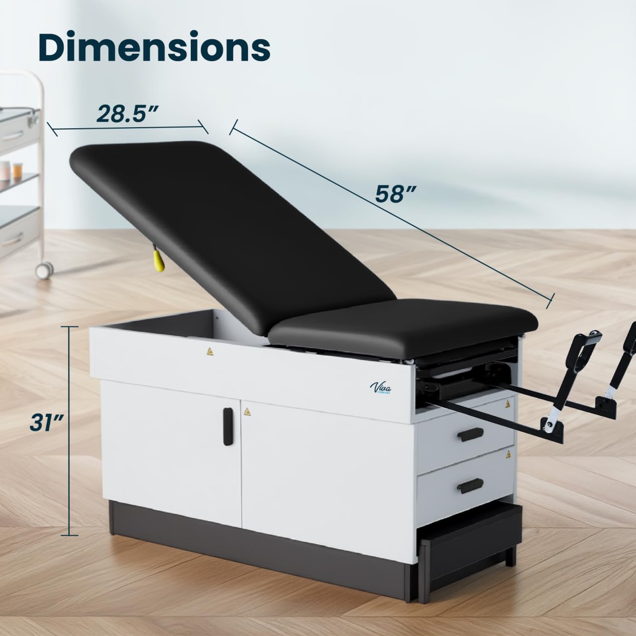 Vivacomfort Slim Line Medical Exam Table with Stirrups, Black, 420 lbs Weight Capacity