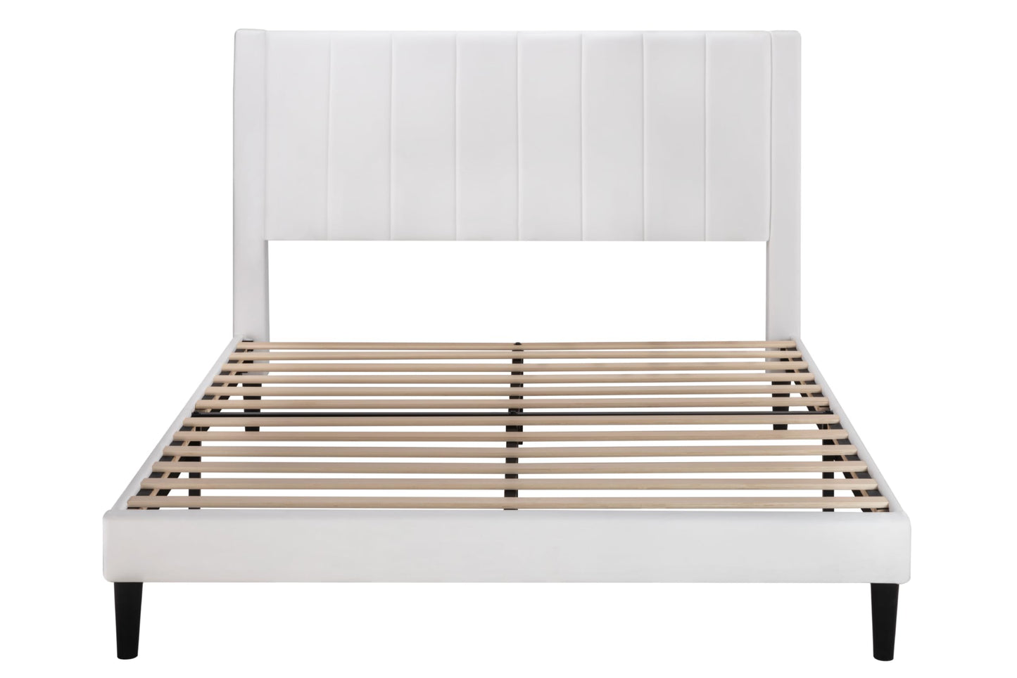 Allewie Full Bed Frame/Velvet Upholstered Bed Frame with Vertical Channel Tufted Headboard/Strong Wooden Slats/Platform Bed Frame/Mattress Foundation/Box Spring Optional/Easy Assembly/White