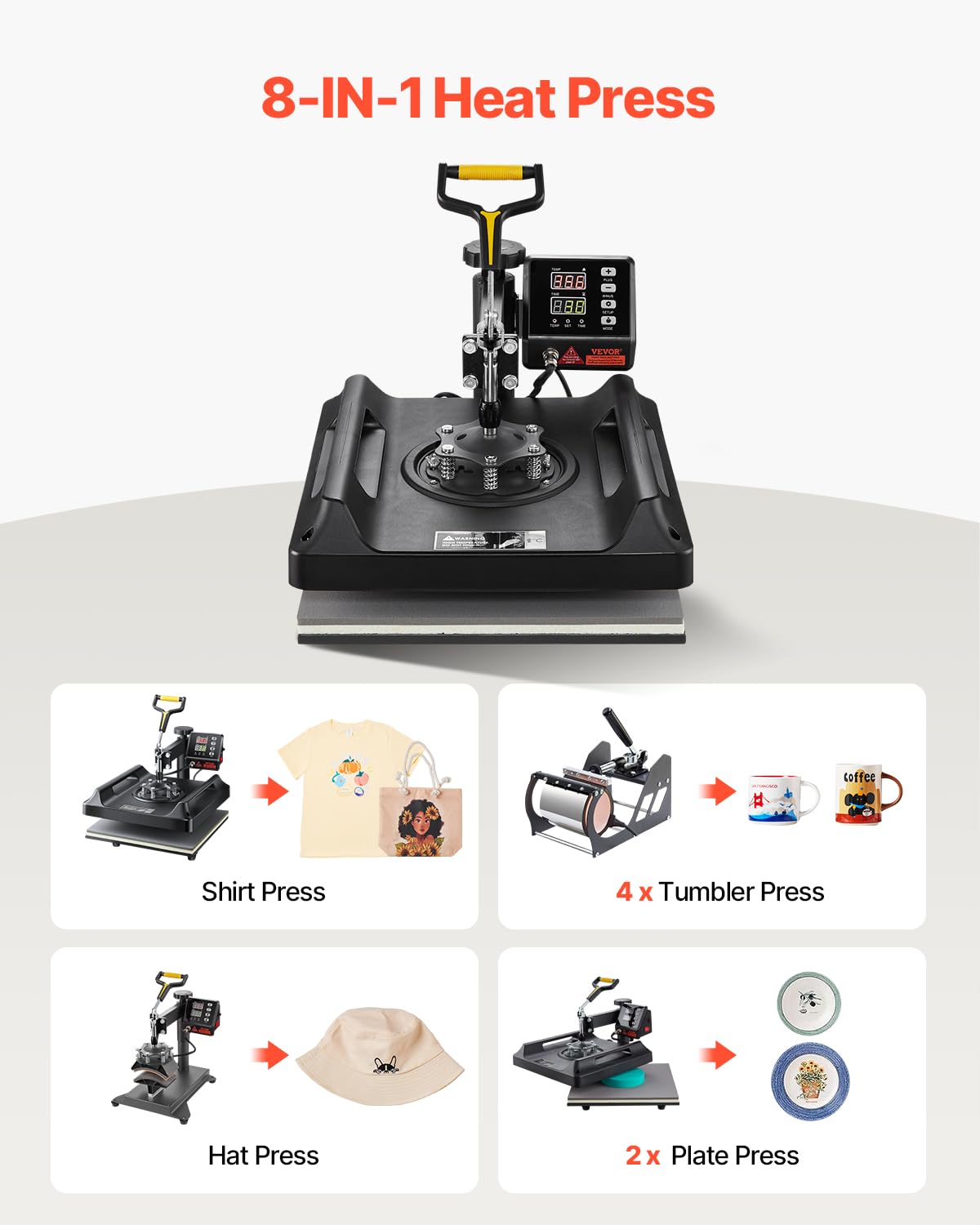VEVOR 8 in 1 Heat Press Machine 15x15 Inch, 360° Swing Away Tshirt Press, Digital Professional Sublimation Heat Transfer for T Shirts Hat Cap Mug Plate