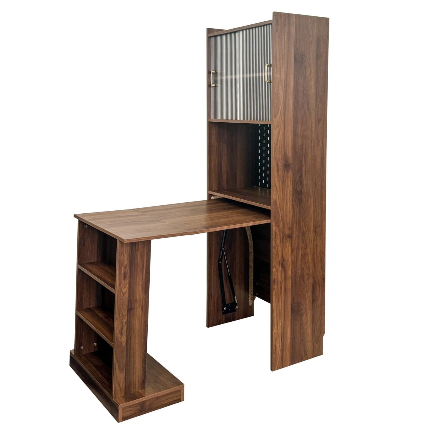 KEIKI Folding Home Office Desks with Pegboard, Glass Doors, Bookshelf & Storage Shelves, Modern Wooden Computer Table Workstation for Work, Study, Writing