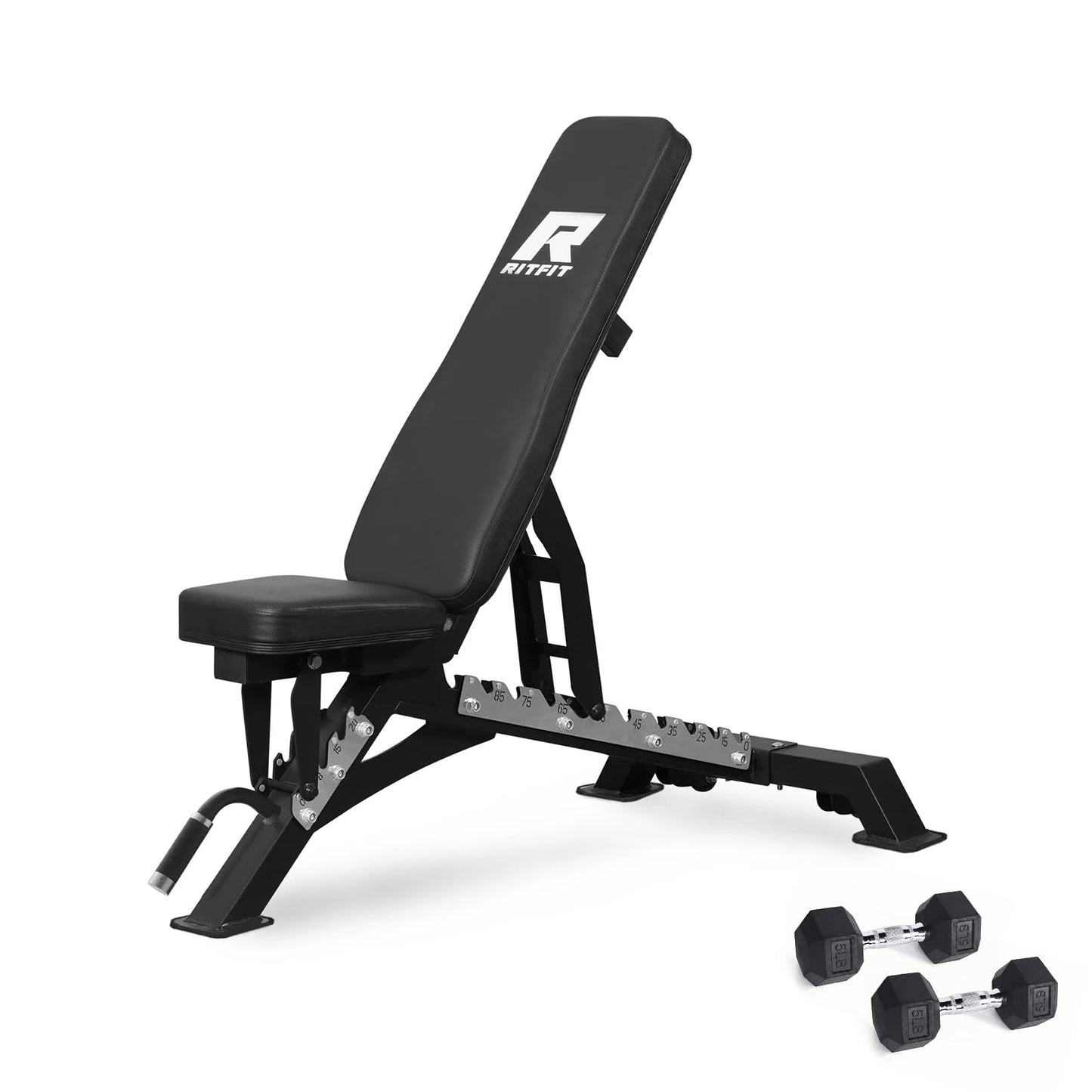 RITFIT Adjustable Weight Bench with Multiple Back Positions for Full Body Workouts, Incline, Decline, and Flat Settings for Home Gym Strength Training, 1300LB Capacity (Black,with 2x5lb rubber dumbbells)