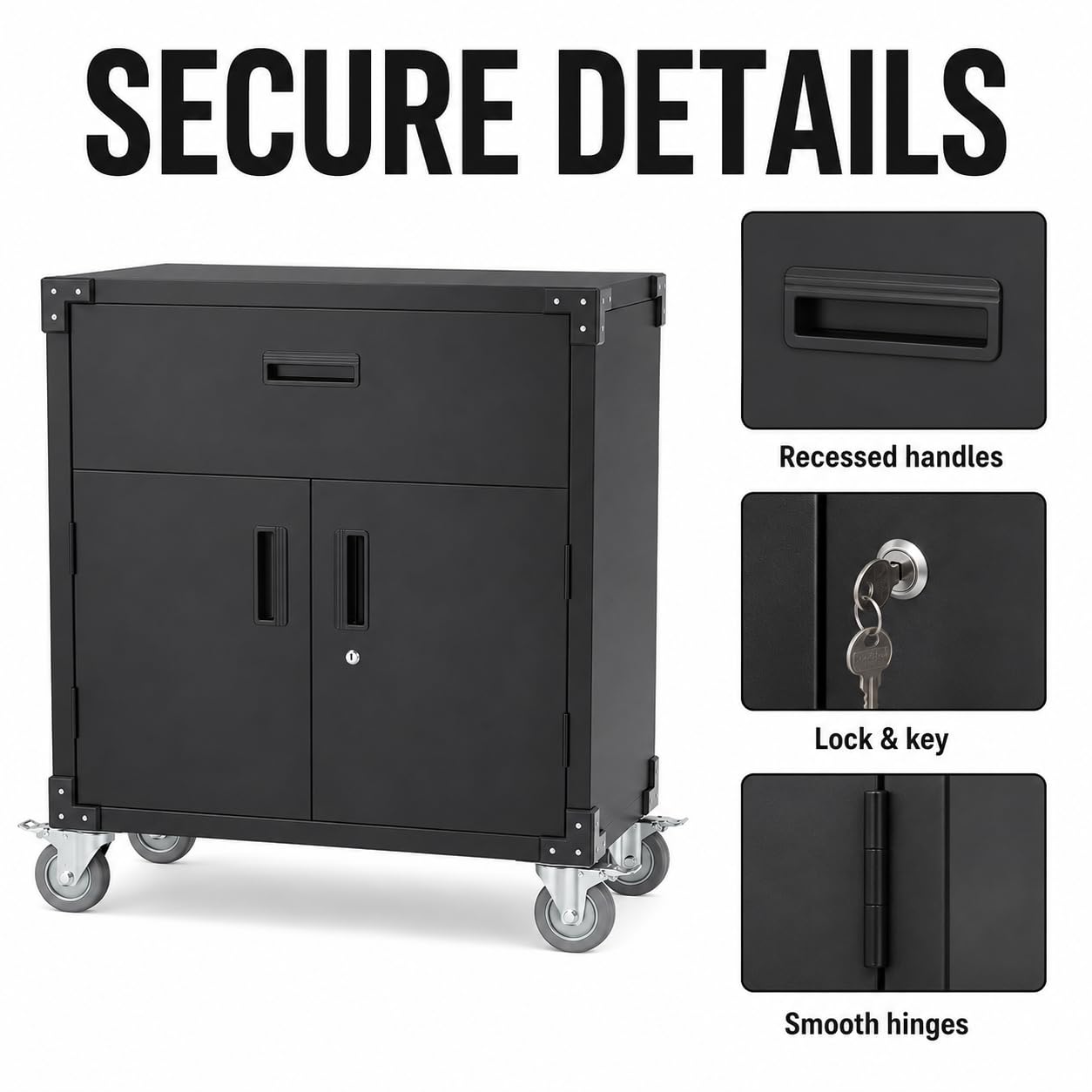 EliteEdge 31" Metal Storage Cabinet with Drawers and Wheels, Lockable Rolling Tool Cabinet, Heavy Duty Steel Utility Cabinet for Garage Workshop, Adjustable Shelf, Locking Wheels, Black