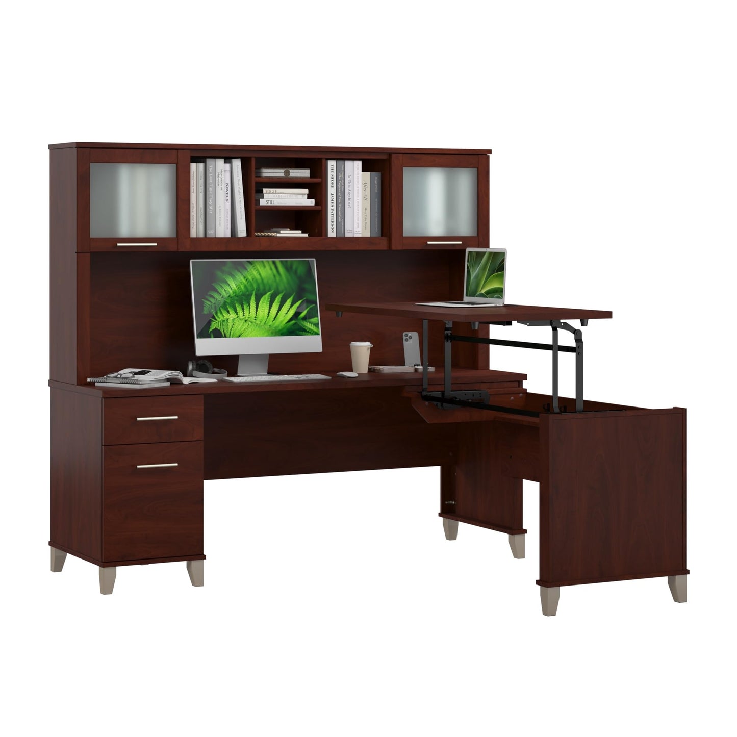 Bush Home 72-Inch L-Shaped Sit to Stand Desk with Hutch, Adjustable Height Standing Corner Computer Desk with Drawers, Shelves and Storage Cabinet, Home Office, Somerset Collection, Hansen Cherry