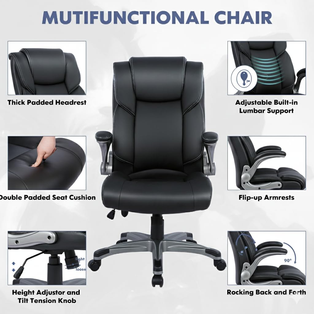 COLAMY Ergonomic Executive Office Chair with Lumbar Support, Flip-Up Arms, Bonded Leather High Back Desk Chair for Home Office & Workstation, Computer Chair for Adults Men Women, Black