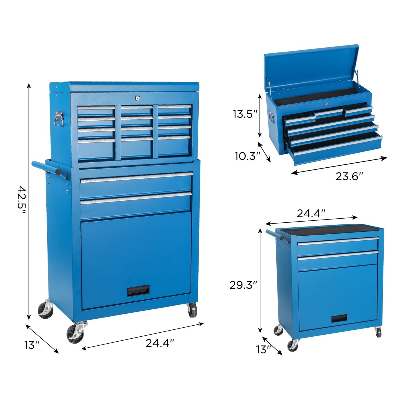 Trygoal Tool Chest, 8-Drawers Rolling Tool Storage Cabinet with 2-in-1 Detachable Tool Box, Liner, Lockable Wheels, Side Hooks, Multifunctional Metal Tool Cart for Garage Workshop, Blue
