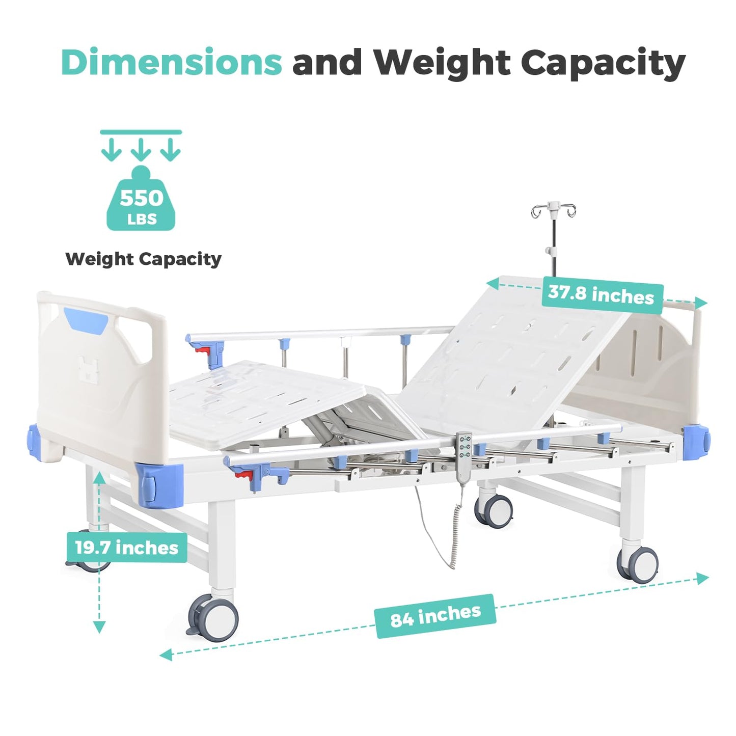 OLERN Full Electric Hospital Bed with Memory Mattress for Home Use-Back&Leg Adjustable-IV Pole Included-5" Casters, 550LBS Loading, Adjustable Medical Bed Frame