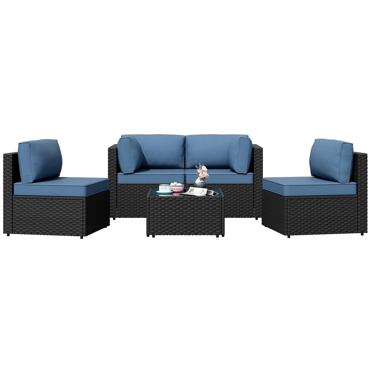 Patio Furniture Sets, 5 Piece Outdoor Sectional Sofas, Wicker Rattan Outdoor Furniture Patio Conversation Set, All-Weather PE Rattan Outdoor Couch for Backyard, Garden, Black & Aegean Blue