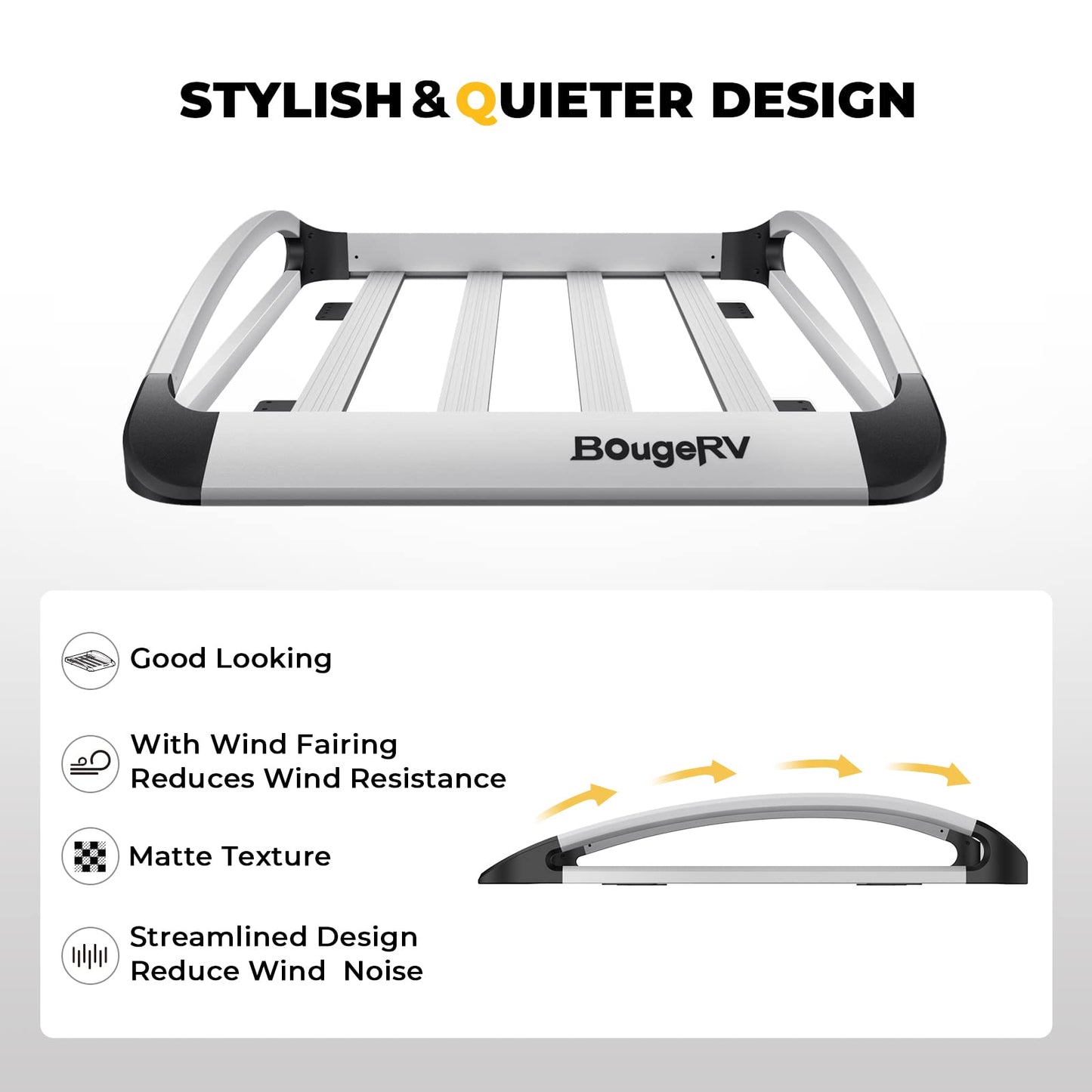 BougeRV Anti-Rust Aluminum Roof Basket 47''x40''x8'', Lightweight Universal Rooftop Cargo Carrier Roof Rack Cargo Basket with Wind Fairing, Roof Rack for SUV Pick Up Truck,150LBS Load Capacity, Silver