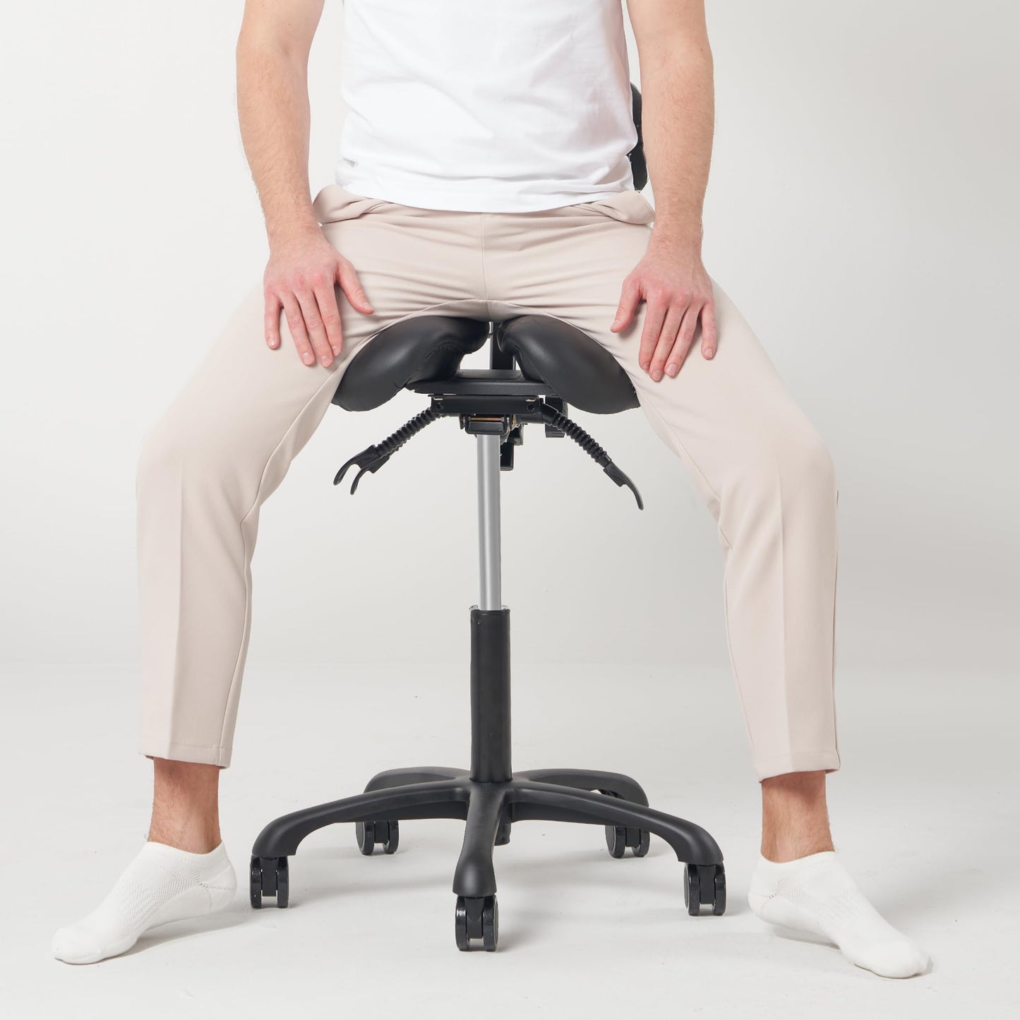 Master Massage Berkeley Ergonomic Saddle Stool - Two Split Seat Stool - Hydraulic Swivel Rolling Seat & Saddle Posture Correction Chair with Backrest - Black
