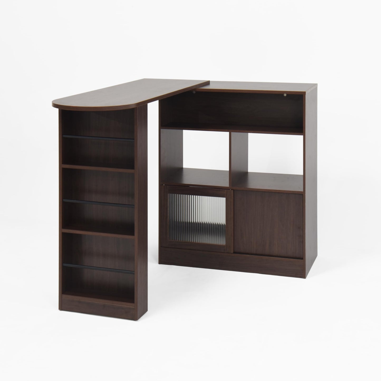 GDFStudio Modern Bar Cabinet with Rotating Top, Counter-Height Kitchen Dining Cabinet with 2 Ribbed Glass Doors & 6 Storage Shelves, Home Bar with Shelves, Living Room Storage Furniture, Walnut Brown