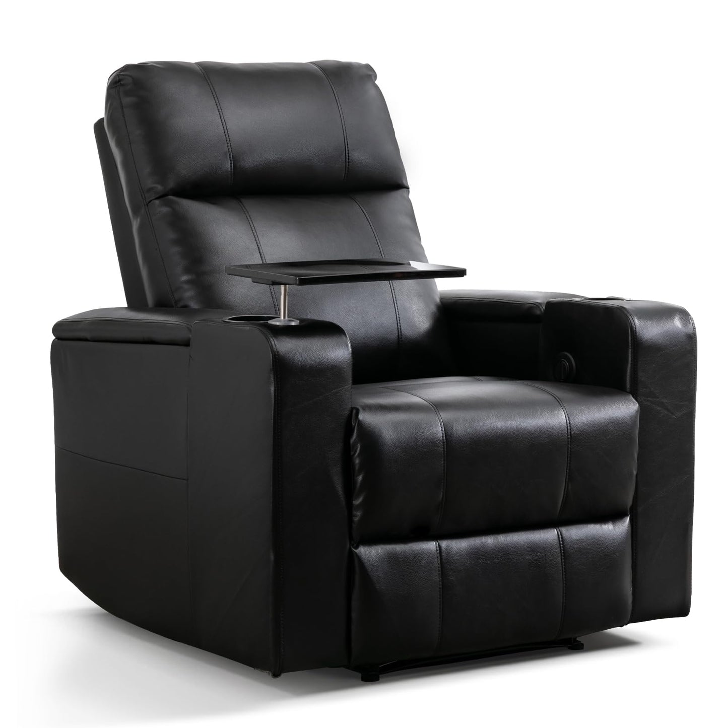 ANJ Home Theater Seating Power Recliner with Hidden Arm Storage, Sigle Faux Leather Recliners with Tray Table, Electric Movie Reclining Chairs with USB Ports & Cup Holders for Media Room, Black
