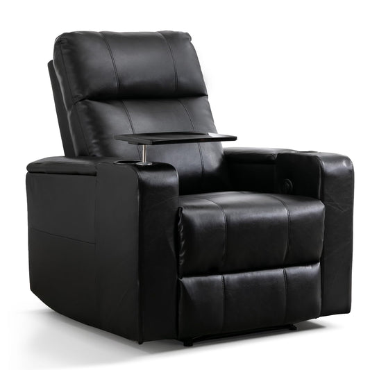 ANJ Home Theater Seating Power Recliner with Hidden Arm Storage, Sigle Faux Leather Recliners with Tray Table, Electric Movie Reclining Chairs with USB Ports & Cup Holders for Media Room, Black