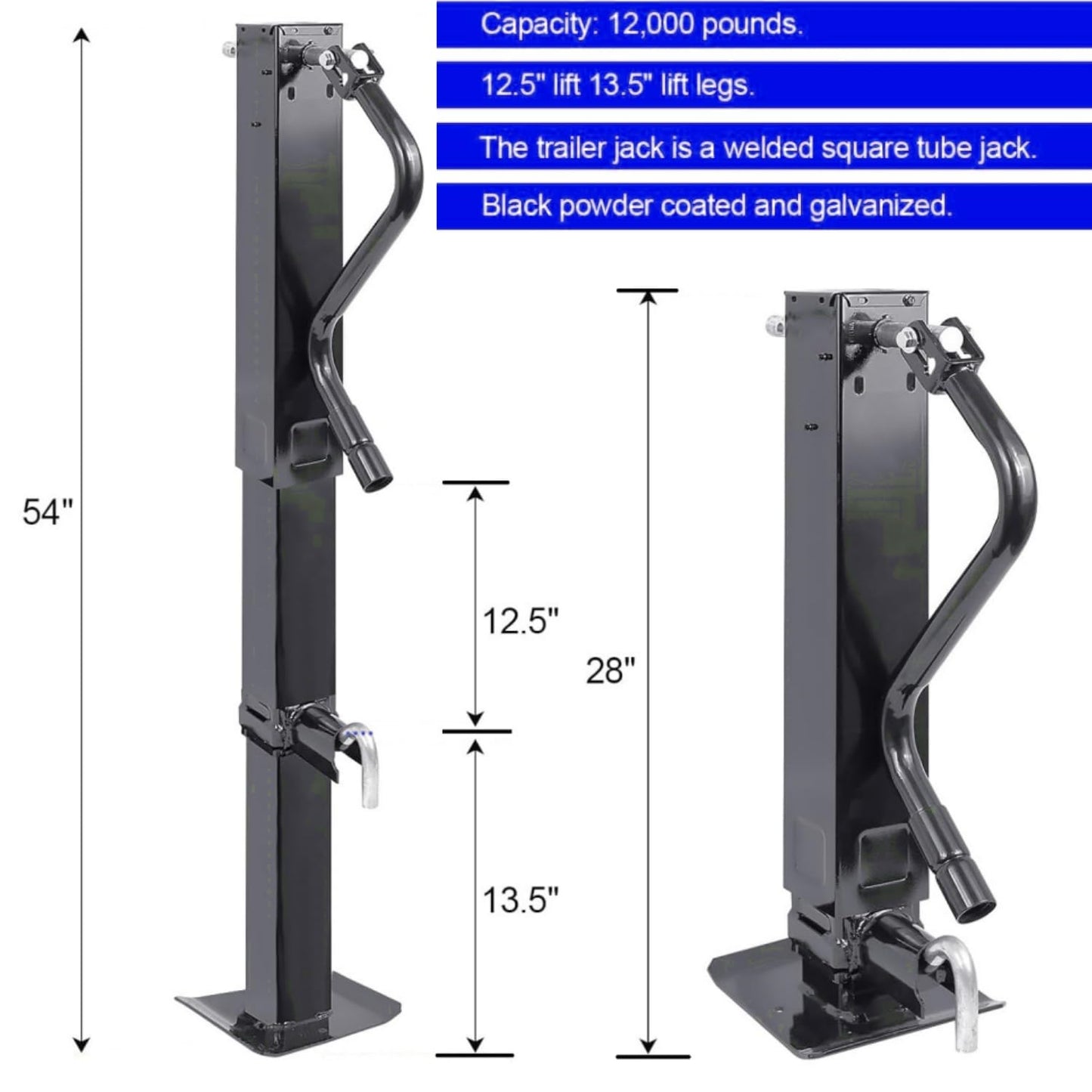 Heavy Duty Weld Square Tube Trailer Jack - 12.5" Lift 13.5" Drop Leg Travel Capacity 12000 LBS (12000lbs Side Pull pin)