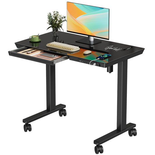 JYLH JOYSEEKER Glass Electric Standing Desk with Drawer, 35" x 20" Whole Piece Tabletop Samll Sit Stand Table, Height Adjustable Workstation with Storage & USB Ports, Quick Install Home Office Desk