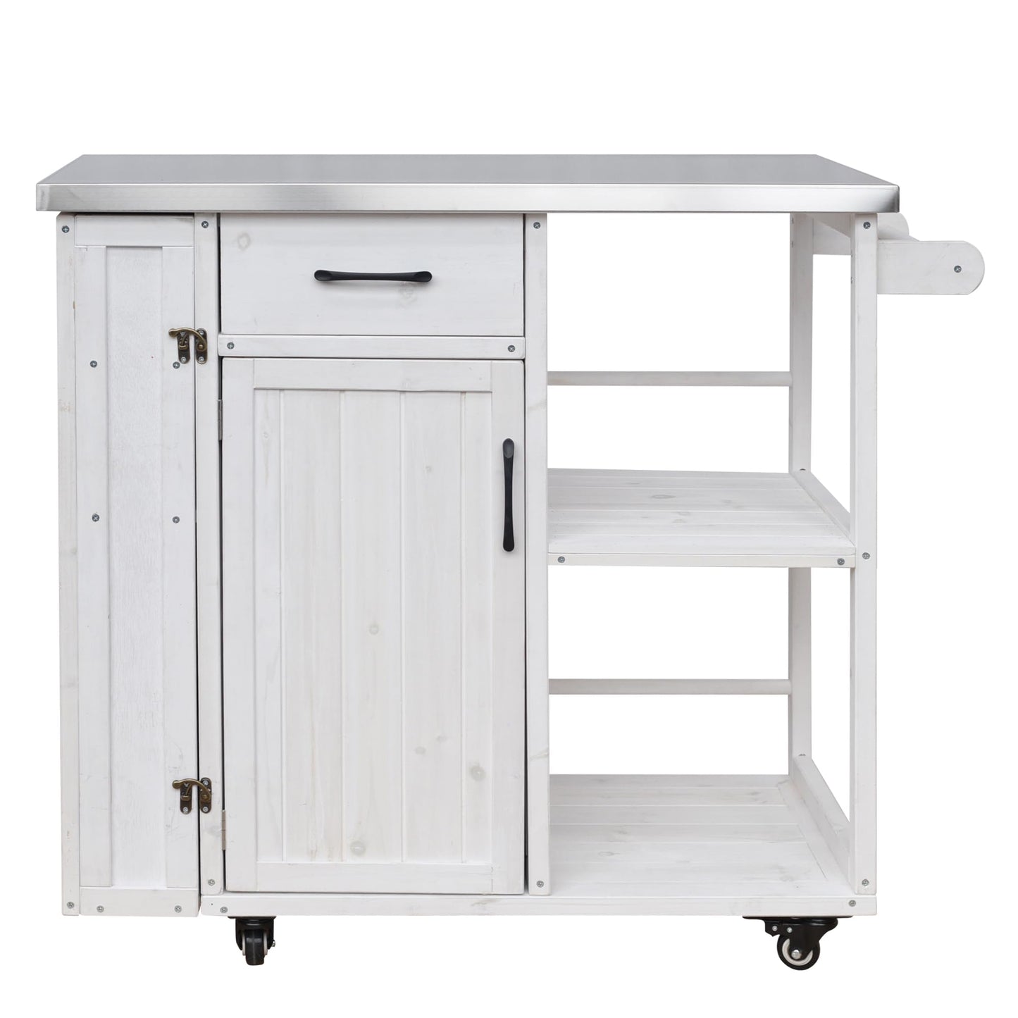 Outdoor Kitchen Island Cart with Stainless Steel Top, Rolling Grill Table with Storage Cabinet Drawer Shelves and Towel Rack, Wooden BBQ Prep Station with Lockable Wheels for Patio Backyard, White