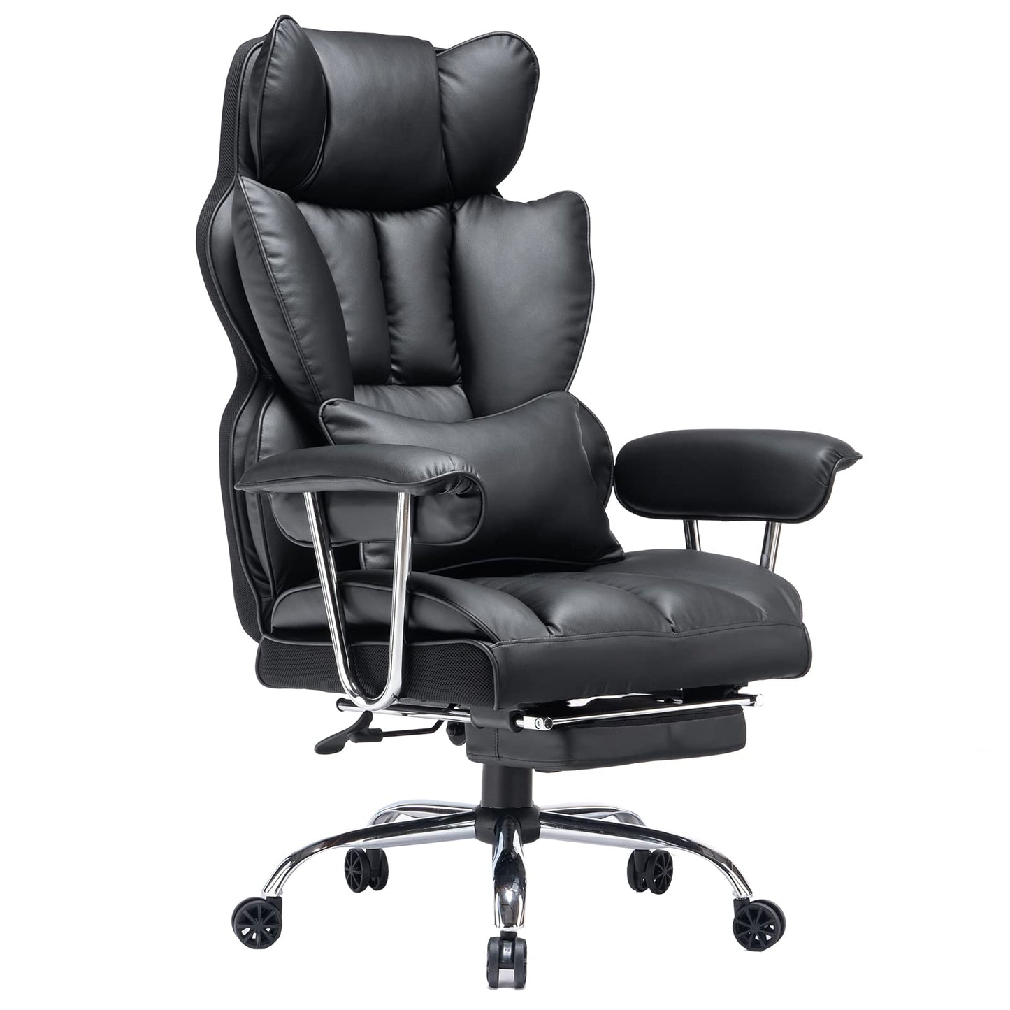 Efomao Big and Tall Office Chair with Foot Rest 400LBS, PU Leather Computer Chair, Heavy Duty Executive Office Chair with Lumbar Support, Black Home Office Chairs