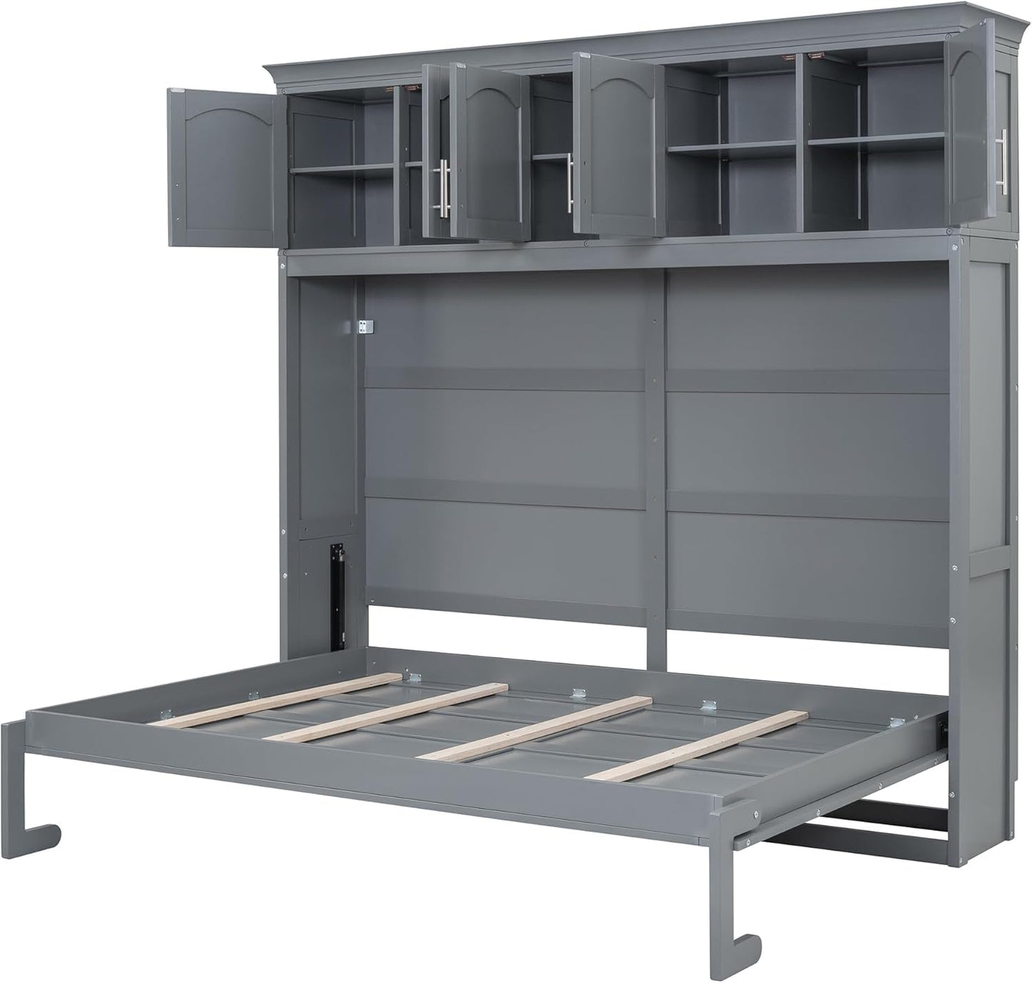 MERITLINE Queen Horizontal Murphy Bed with Storage Cabinet,Wood Grey Murphy Wall Bed Queen Folding Adult Murphy Bed Queen Size