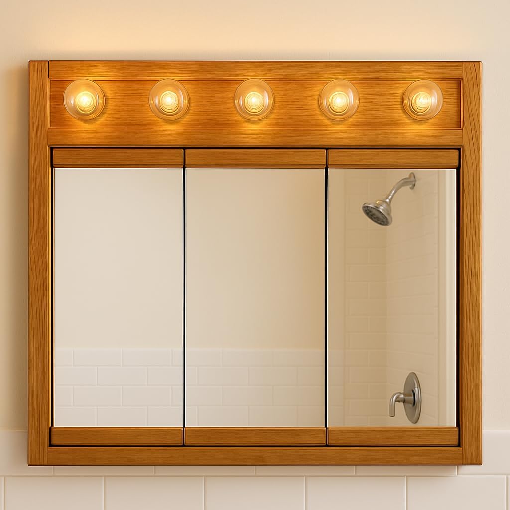 Design House Richland Medicine Cabinet with 5 Lights, Fully Assembled, Wall Mounted, 3 Mirrored Doors, Wood Frame, Oak Finish, 36 in x 5 in x 30 in, 530618-NOK