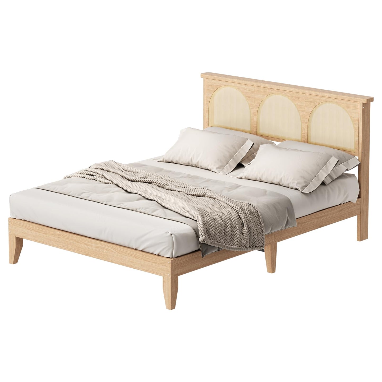 Queen Boho Rattan Bed Frame, Wooden Bed Platform with Storage, Smart RGB LED Natural Rattan Headboard, No Box Spring Needed, Under Bed Storage, Easy Assembly Solid Wood Foundation with Silent Slats