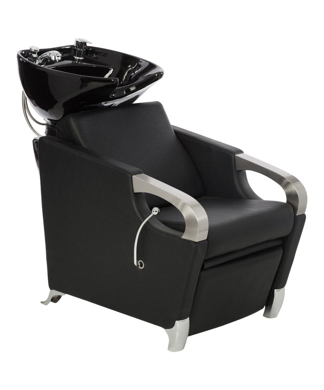 Buy-Rite Luna Shampoo Backwash Station with Black Tilting Porcelain Bowl, Extra Wide Seat with Leg Rest, Brushed Chrome Armrests, Single-Handle Faucet & Vacuum Breaker, YLG-583-1 (Black Sink)