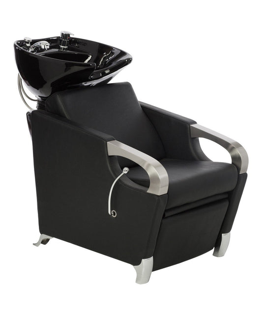 Buy-Rite Luna Shampoo Backwash Station with Black Tilting Porcelain Bowl, Extra Wide Seat with Leg Rest, Brushed Chrome Armrests, Single-Handle Faucet & Vacuum Breaker, YLG-583-1 (Black Sink)