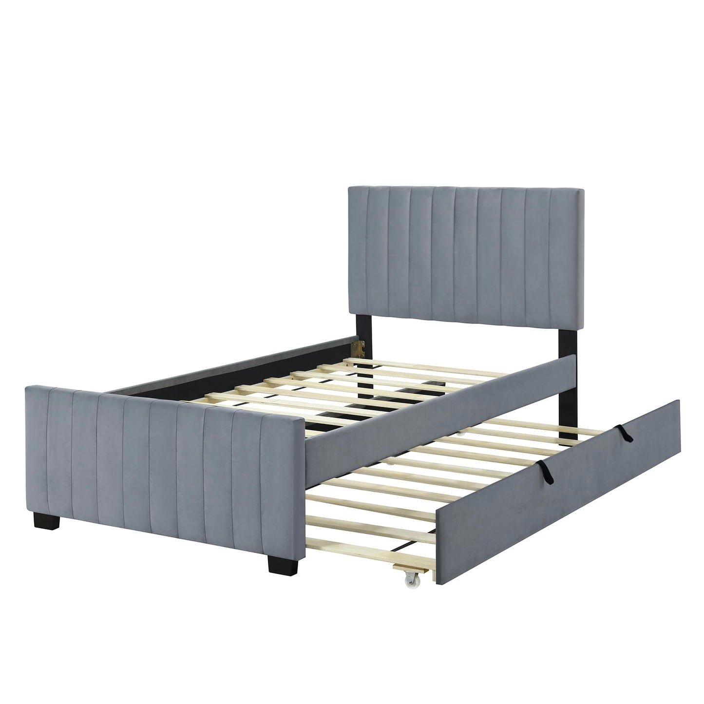 Merax Twin Size Velvet Upholstered Platform Bed, Wood Bed Frame with Twin Size Trundle, Gray