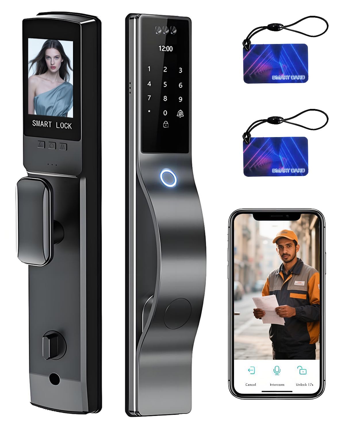 TianfuSpanda 3D Face Recognition Door Lock with Lockbody, Video Smart Lock with Camera&Doorbell, Front Door Keyless Entry Lock, WiFi&Tuya APP Control/Fingerprint/IC Card/Password/Keys