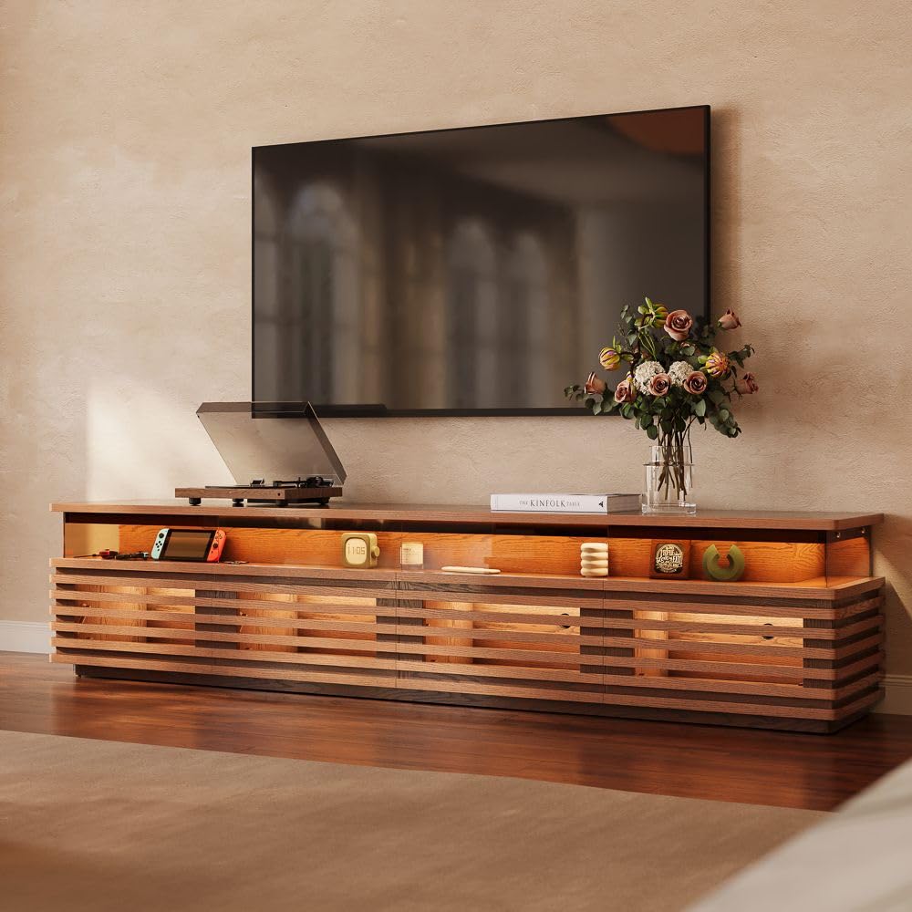 POVISON Fully Assembled Mid-Century Modern TV Stand, 94.49 Horizontal Slatted Media Console with Adjustable LED Lights, Ventilated Storage, Walnut Entertainment Center for Living Room