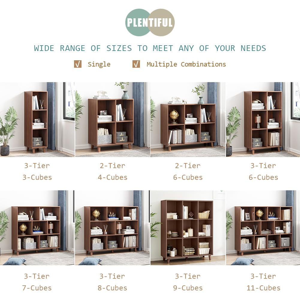 IOTXY Open Cube Low Bookcase - 3-Tier Freestanding Storage Display Cabinet Organizer with Legs for Home Office, 11-Cubes Open Shelf Short Bookshelf, Walnut