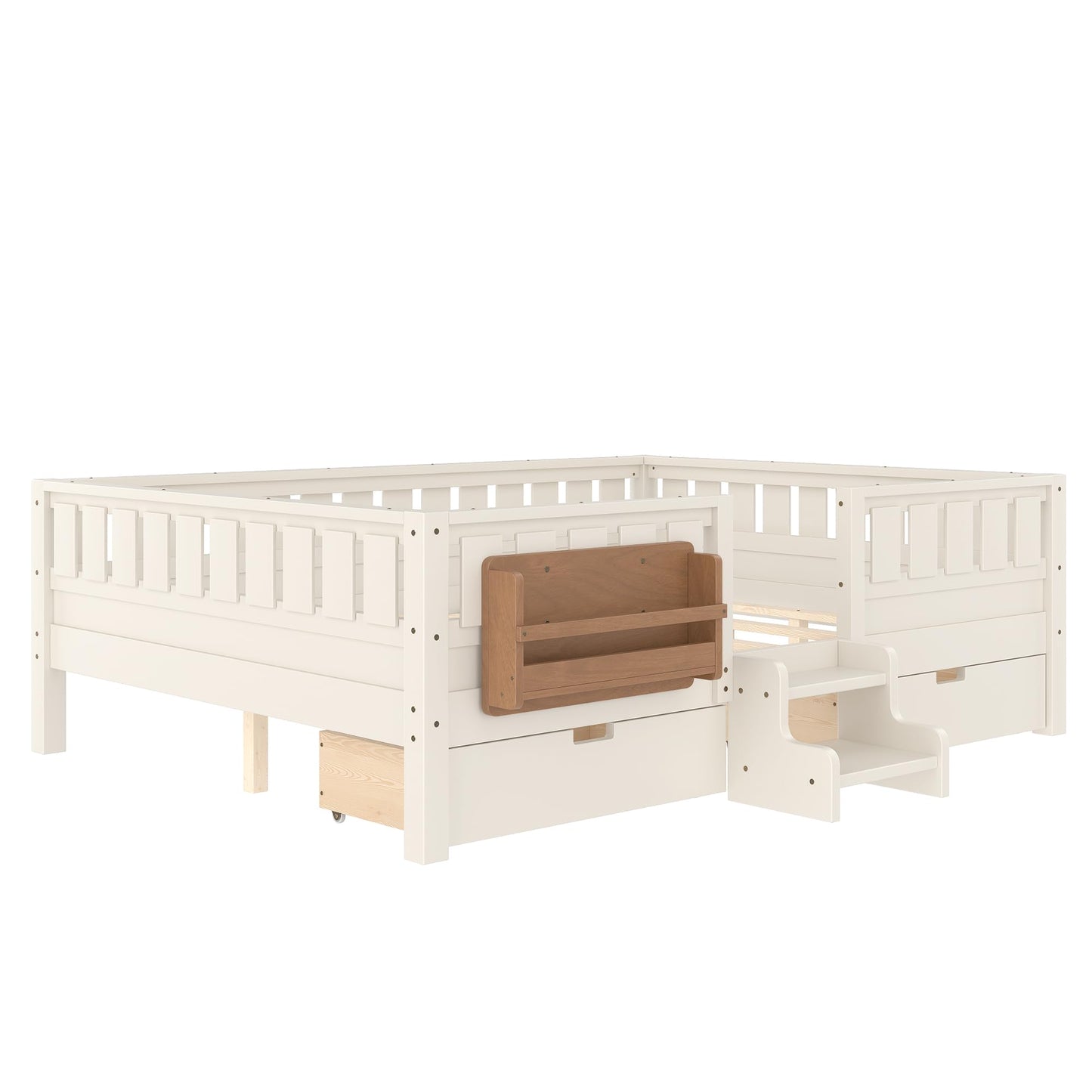 Queen Platform Bed with Storage Drawers and Bookshelves, Kids Platform Bed Frame with Low-profile Stairs and Full-length Guardrails, Queen Bed Frame for Boys, Girls, No Box Spring Needed, Beige