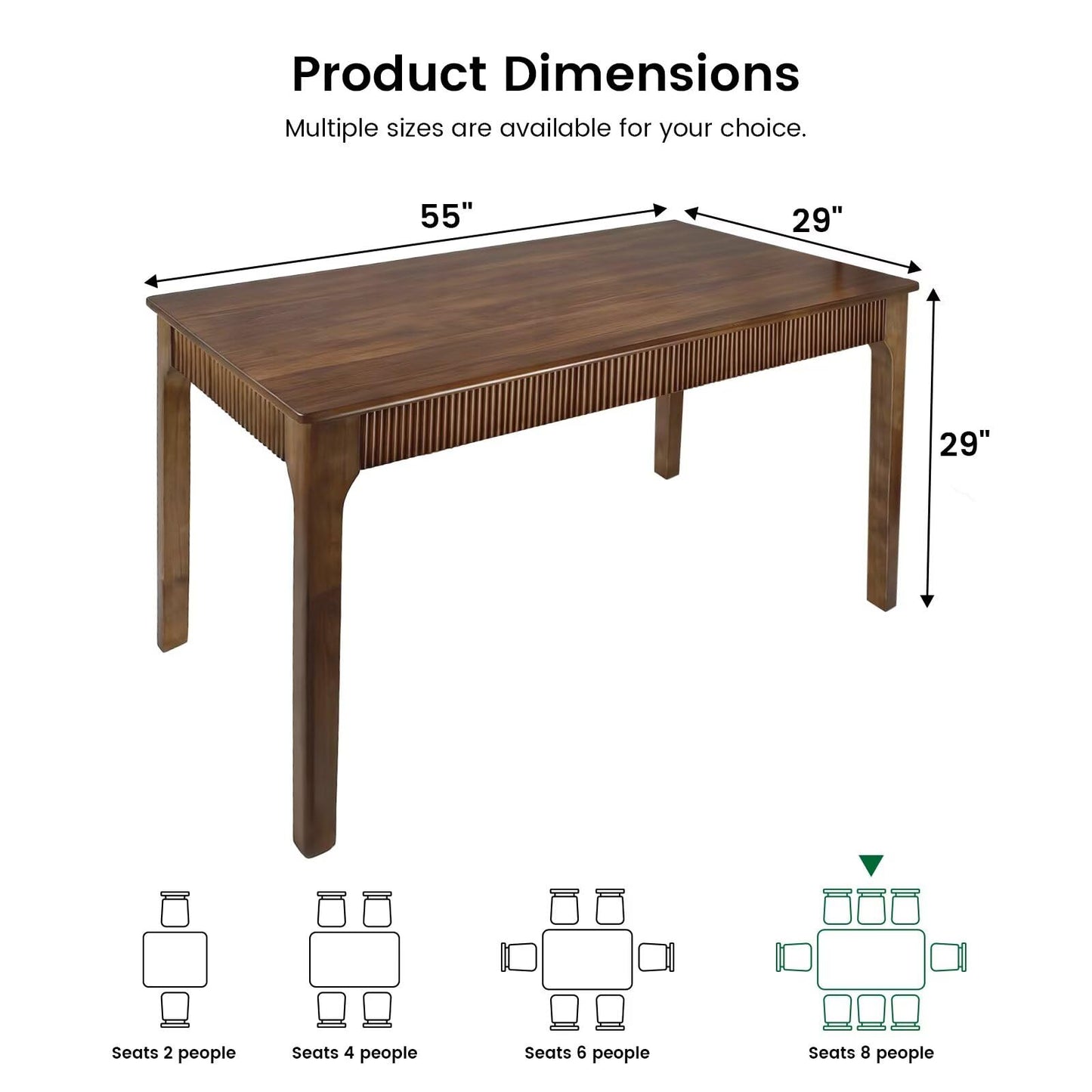 55" Solid Wood Dining Room Table for 4-6,Modern Farmhouse Rectangular Kitchen Real Wooden Table,Mid Century Fluted Design Large Furniture Desk for Home,Apartment,Living Room Walnut