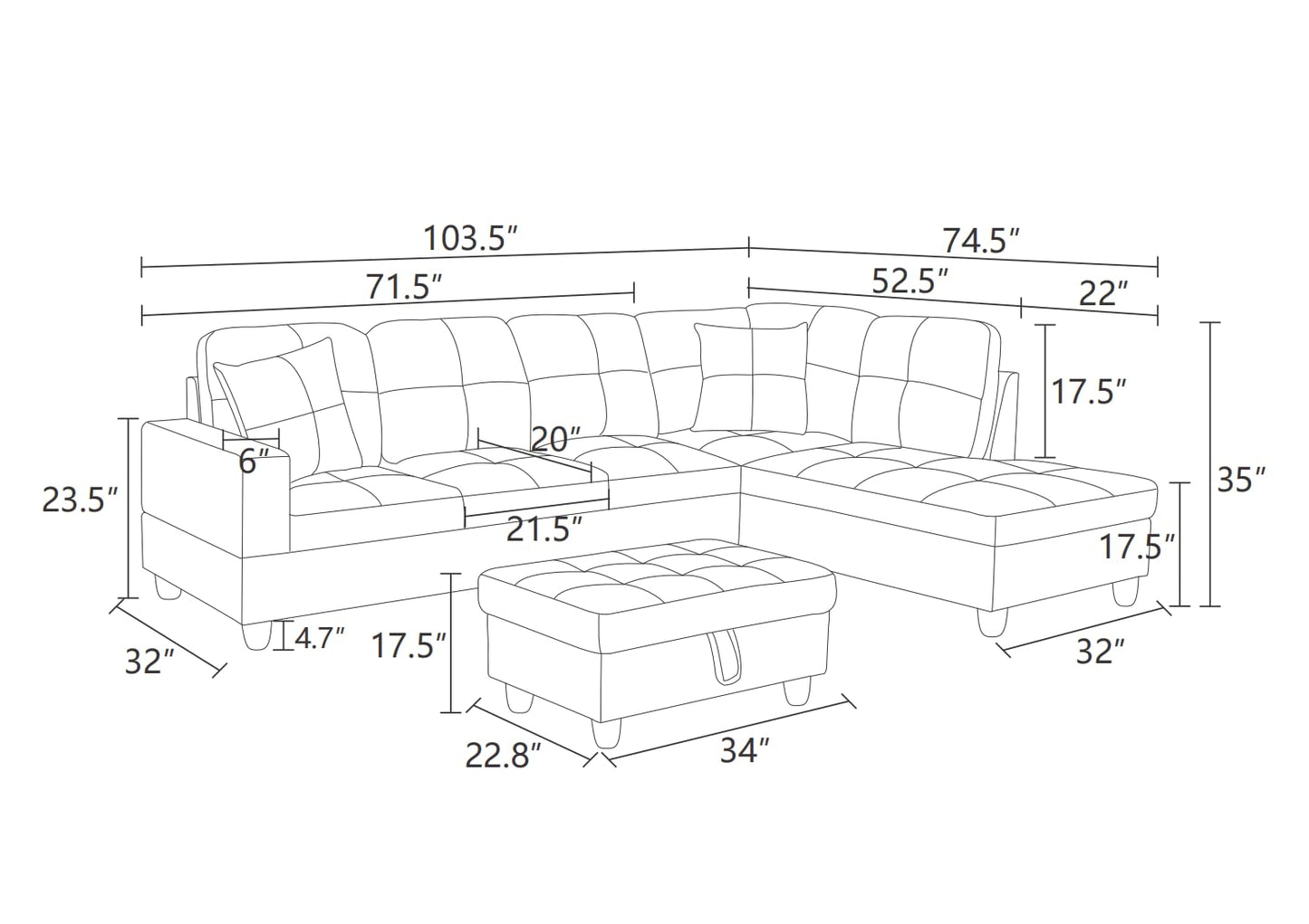 UOCFYK 3 Pieces Sectional Sofa Sets, L-Shape Sofa Microfiber Couch Living Room Sofa Set with Chaise Using for Living Room Furniture - Right Hand Facing,Dark Brown