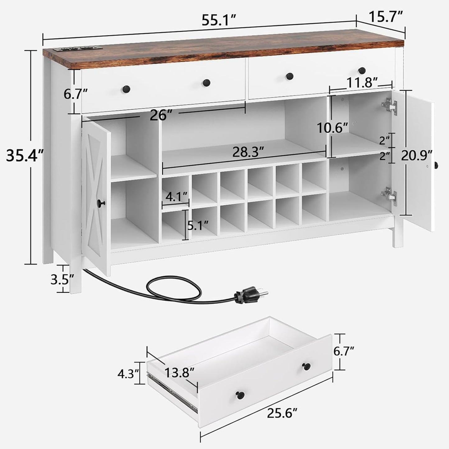 COMHOMA Coffee Bar Cabinet with LED Lights, 55.1 inch Wine Bar Cabinet with Charging Station, Sideboard Buffet Cabinet with Storage for Home Living Room (White)