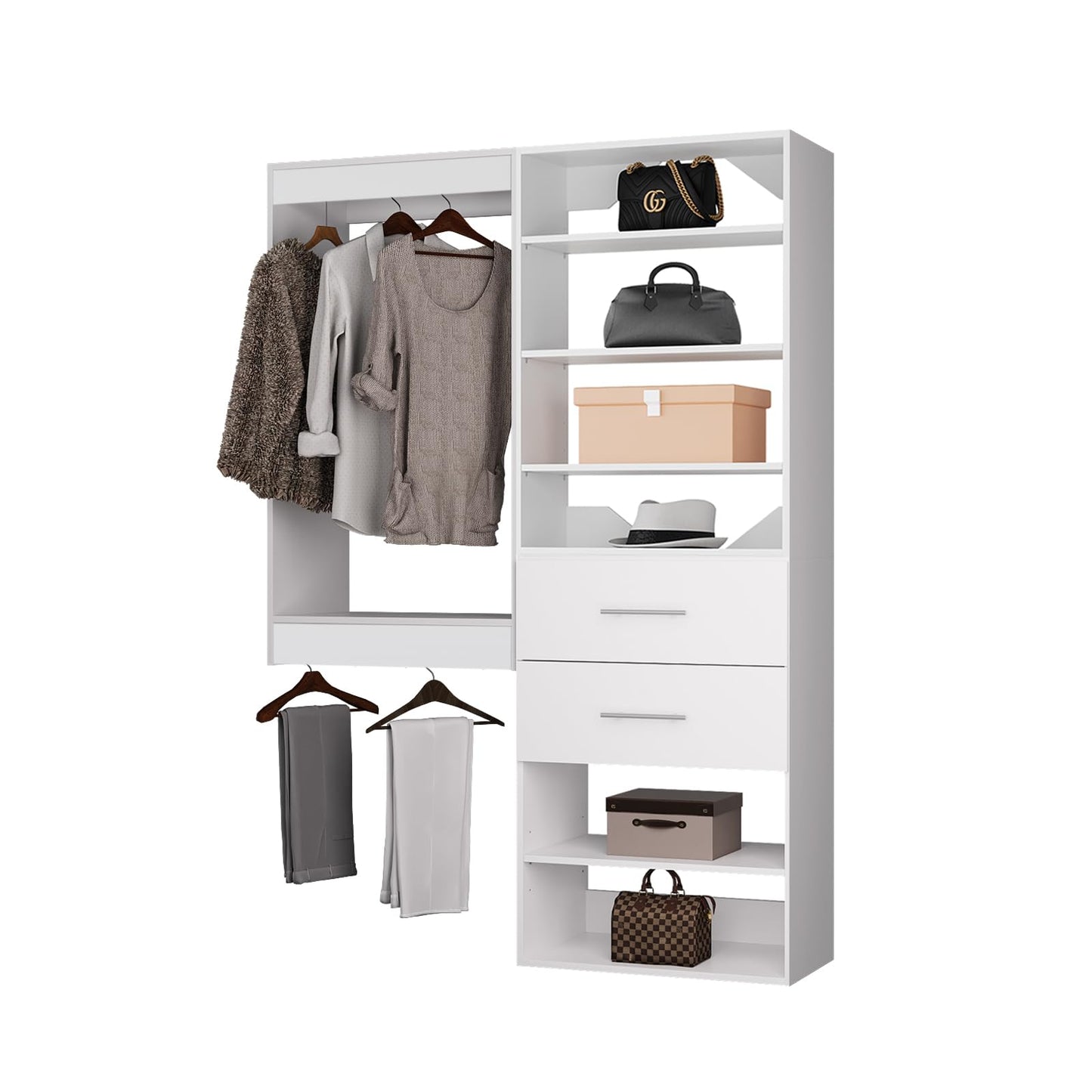 ROOMTEC Modular Closet System, 64" Wall Mounted Closet Organizer with Hanging Rods and Drawers, Wooden Tower for Walk-In Closets, Wardrobe Storage Kit, White