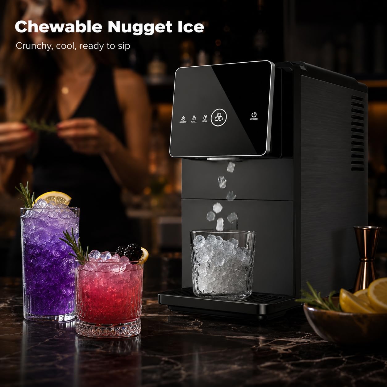 Kismile Nugget Ice Maker Countertop, 33LBS/24H Ice Machine with Soft Chewable Ice, One-Click, Self-Cleaning Function, Stainless Steel Ice Maker with Indicator Lights for Home/Kitchen(Black)