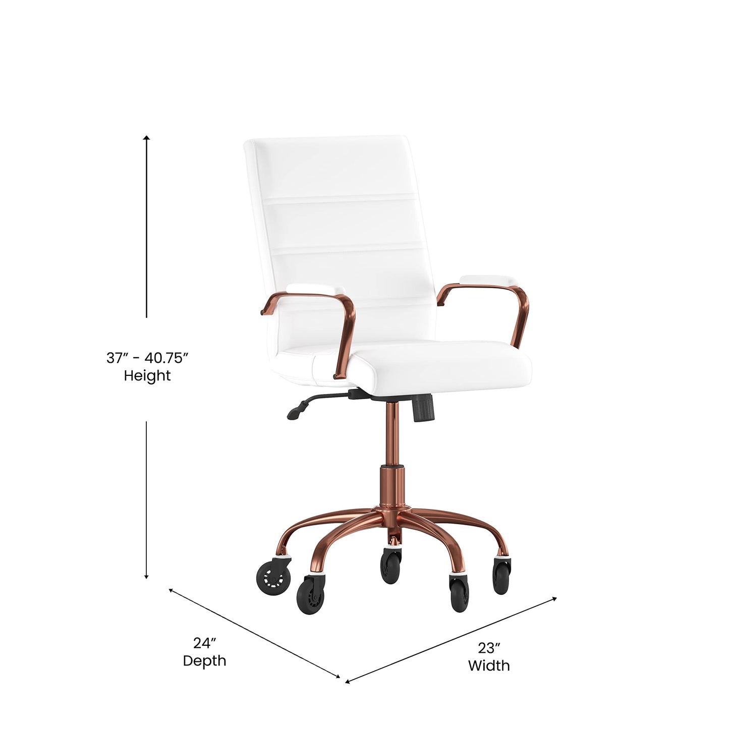Flash Furniture Camilia Mid-Back White LeatherSoft Executive Swivel Office Chair with Rose Gold Frame, Arms, and Transparent Roller Wheels
