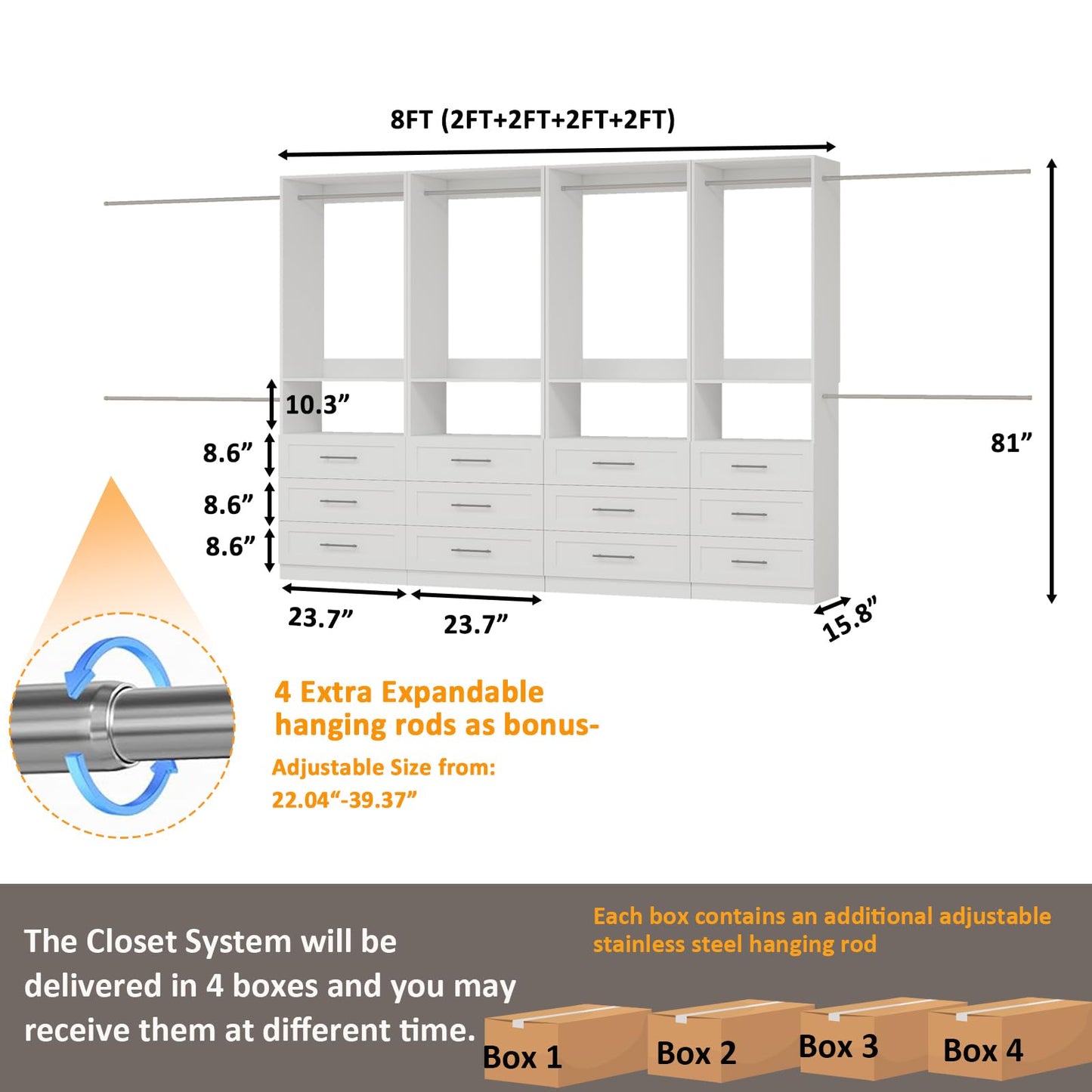 secilix Modular Closet System with 12 Drawers, 8FT Engineered Wood Closet Organizer System for Walk-in Closet, Storage Unit with 8 Extendable Hanging Rods, White (Set of 4)