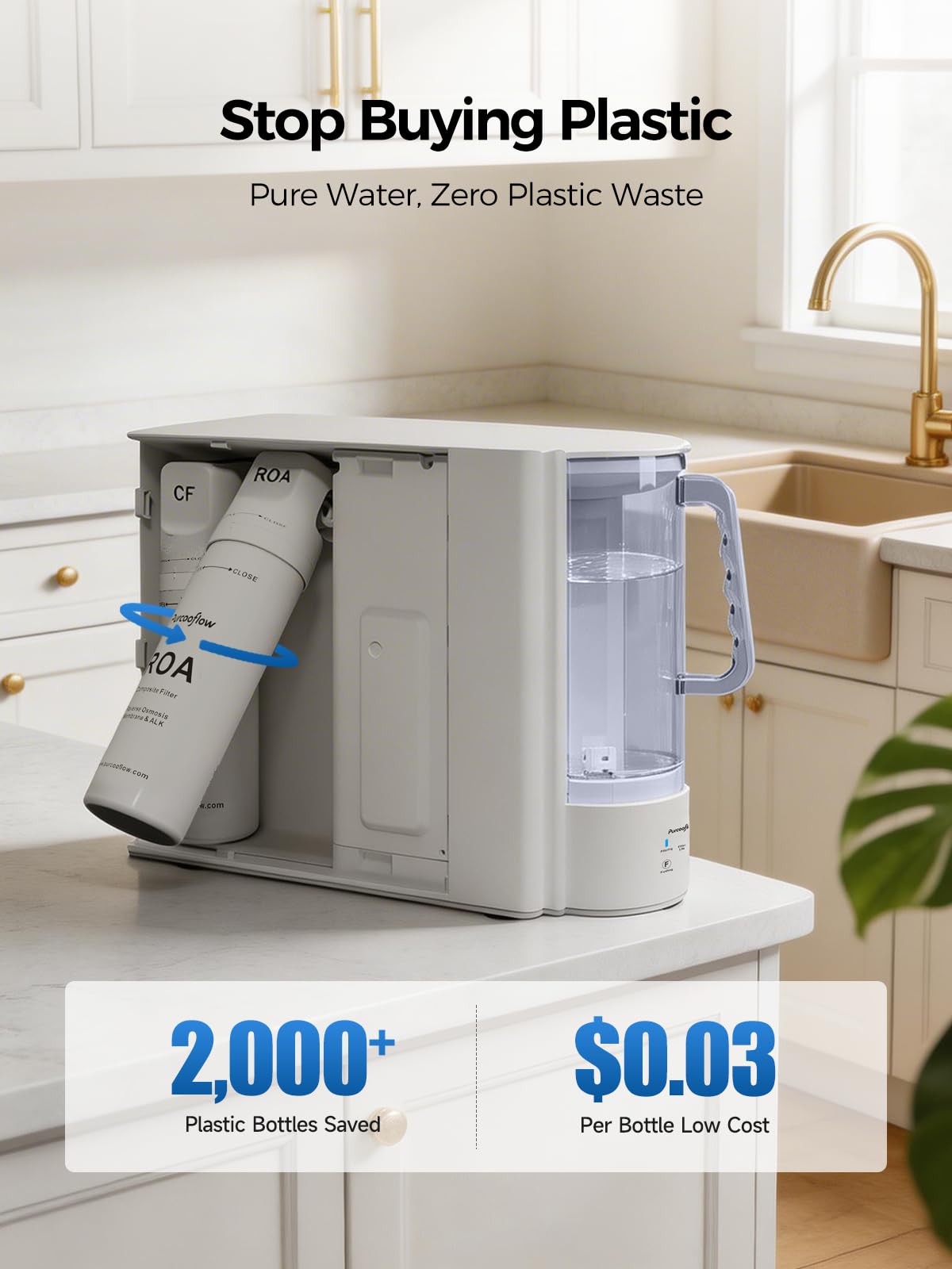 Purcooflow Countertop Reverse Osmosis Water Filtration System, Alkaline, Compact Auto-Fill Dispenser for Home, 4-in-2 Water Purifier, 3.5:1 Pure to Drain Ratio, No Plumbing Required,