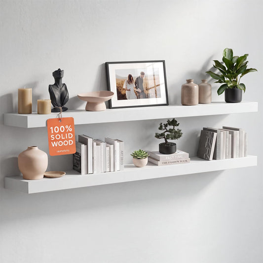 Homeforia White Floating Shelf 48 inches, High End Solid Real Wood 48inch Long Floating Shelves for Wall Mounted, White Wooden 48in Floating Shelves, Heavy Duty Bracket, 48 X 6.5 X 1.75 inch, Set of 2