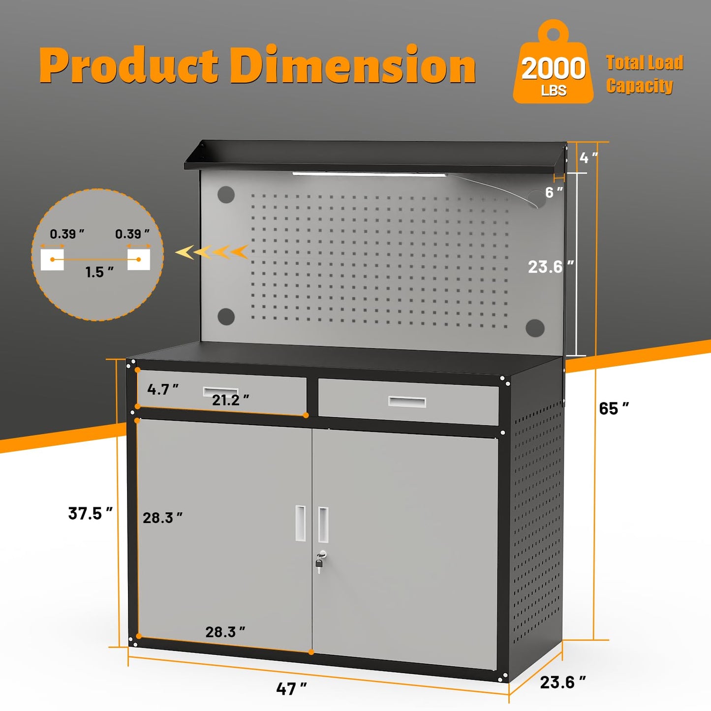 Rumetol 65" Heavy Duty Garage Workbench with Storage Drawers & Pegboard,2000lbs Capacity Metal Work Bench with Lockable Magnetic Cabinets,Adjustable LED Light for Workshop/Garage